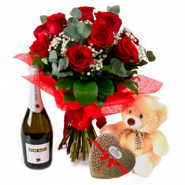 Pachet Buchet 9 trandafiri rosii cu gipsofila